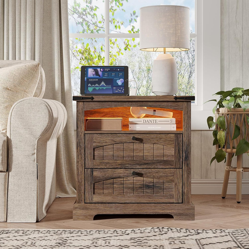 Vabches Nightstand with Charging Station and LED Lights, Vintage End Table wi...