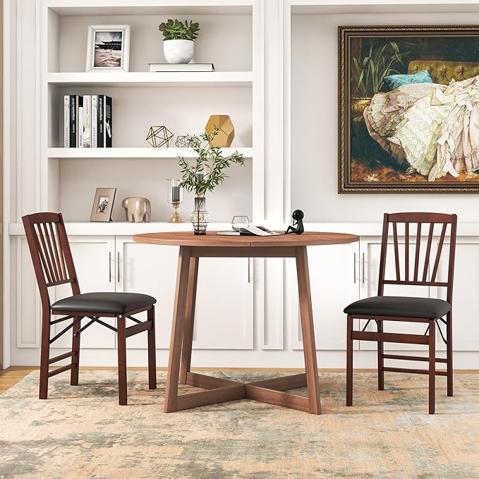 COSTWAY Folding Dining Chairs Set of 2, Upholstered Wooden Dining Room Chairs with PVC Padded Seat, Solid Wood Frame and 400LBS Capacity for Kitchen Apartment (Black & Brown)