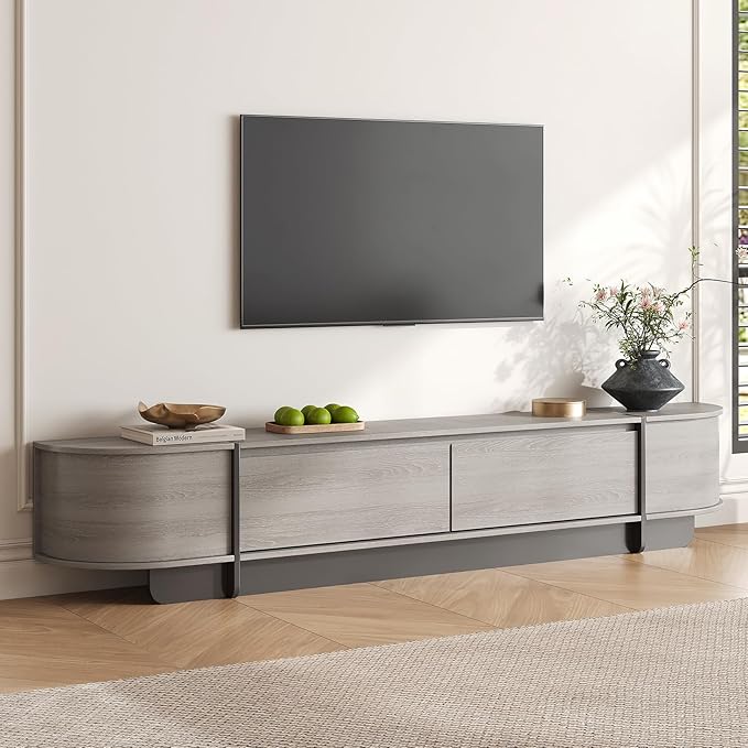 78.7'' Modern TV Stand for 55-85 Inch, Long Wooden TV Console with Drawers, Modern Entertainment Center with Large Storage, Curved Round Edge Media Cabinet for Living Room, Bedroom, (Grey)