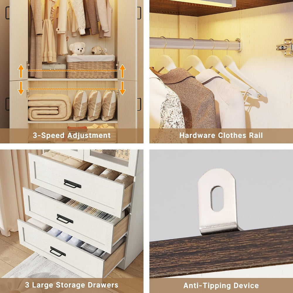 75" Tall Farmhouse 2 Doors Armoire Wardrobe Closet with 3 Drawers and LE...