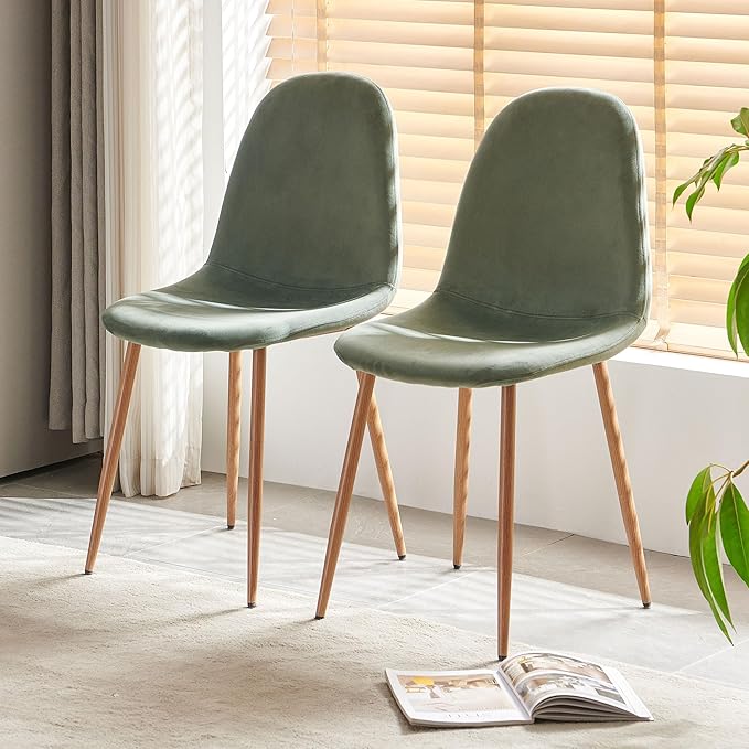 Set of 4 Dining Chairs Upholstered Green Velvet Living Room Chair with Backrest, Modern Mid-Century Home Kitchen Chairs Armless with Metal Legs for Dining Room, Retaurant
