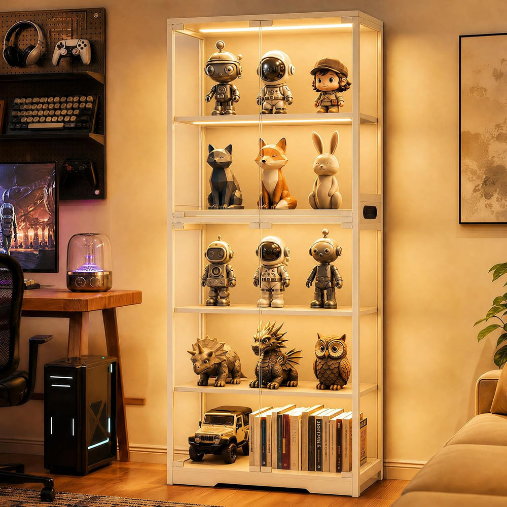 Display Cabinet with Glass Doors, 5-Tier 65" Glass Display Cabinet with ...