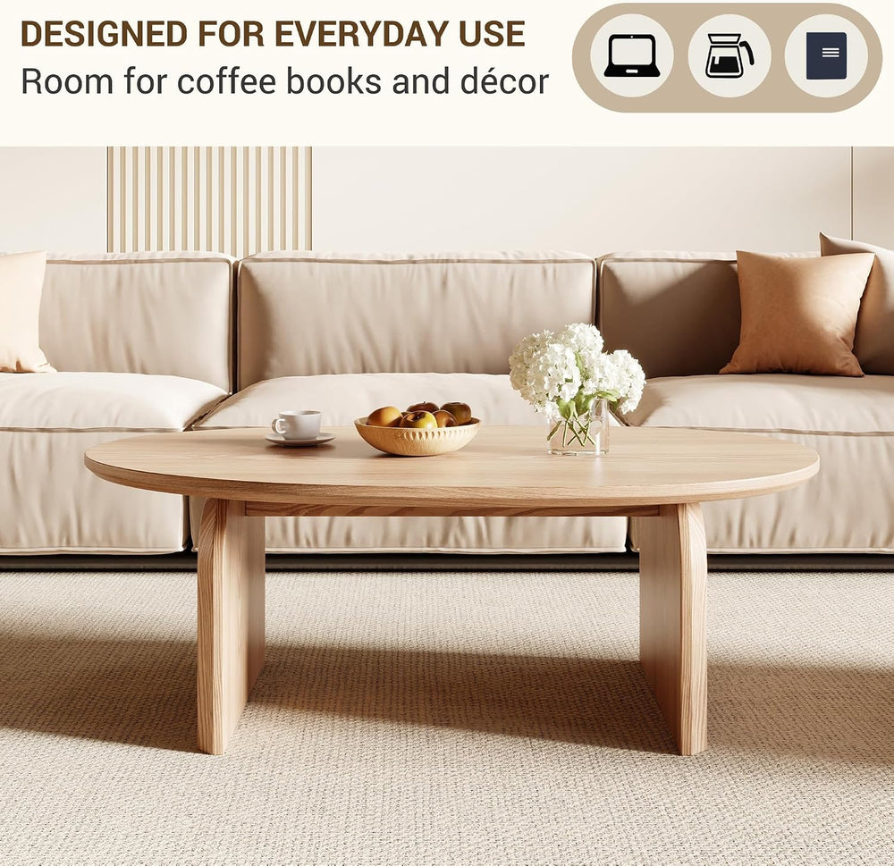 Honyee Small Oval Coffee Table, Oak Veneer Top with Solid Legs, Natural