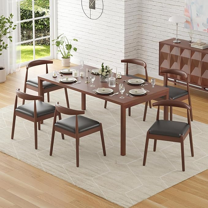 Farini Mid Century Modern Dining Chairs Set of 4, Solid Wood Frame Kitchen Chairs with PU Leather Upholstered Seat for Dining Room & Breakfast Nook，Walnut-Black