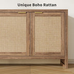 61.5" Rattan TV Stand for TVs up to 65 Inch, 4-Door Boho Entertainment Center with Reinforced Storage Shelf, Modern Media Console & Storage Cabinet for Living Room, Bedroom, Walnut