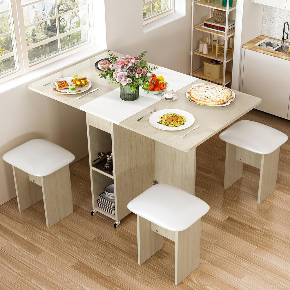 furlinkhm Folding Dining Table Set for 4, Dinner Table with 4 Leather Chairs ...
