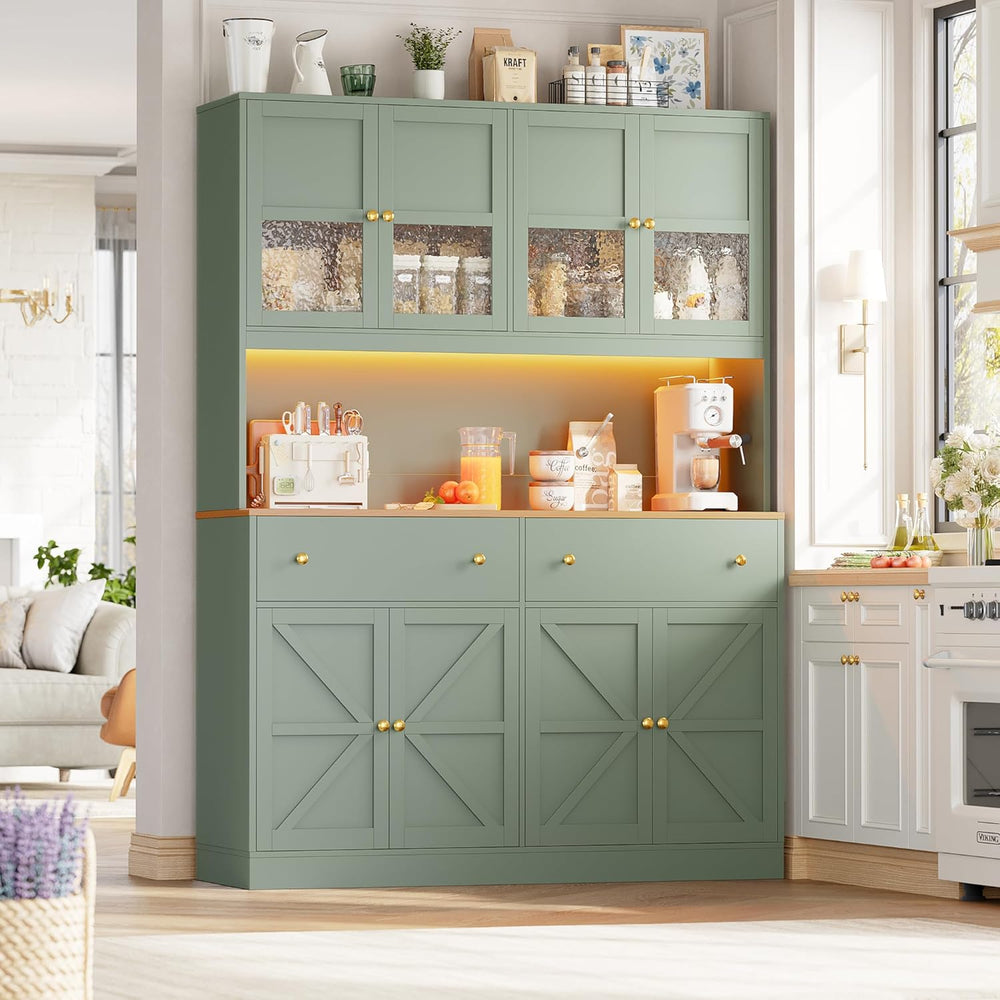 FINETONES 71" Pantry Cabinet with LED Light and Charging Station, Farmho...