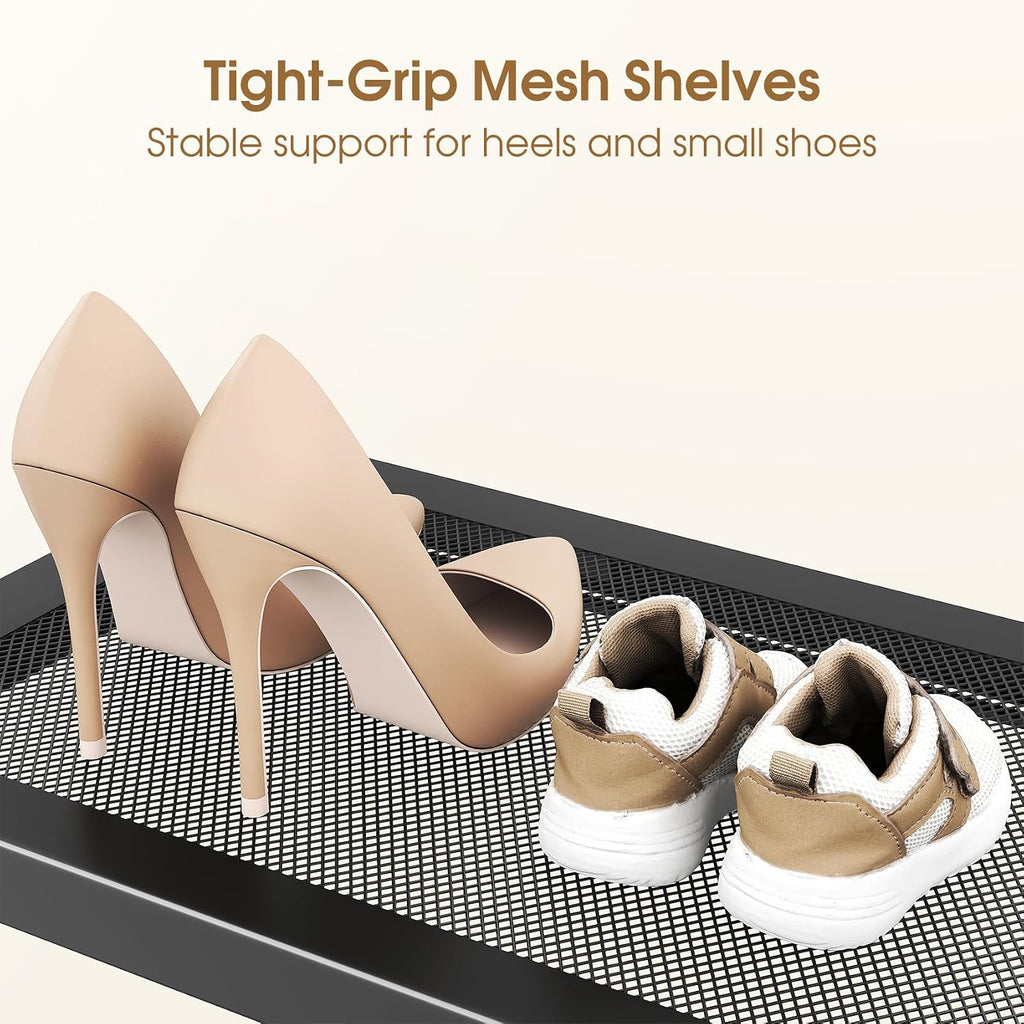 SAYZH Expandable Shoe Rack for Closet, Adjustable Metal Shoe Organizer with Sturdy Mesh Shelves for Boots & Heels, Stackable Shoe Storage for Entryway, Garage, Small Spaces (Black, 2-Tier)