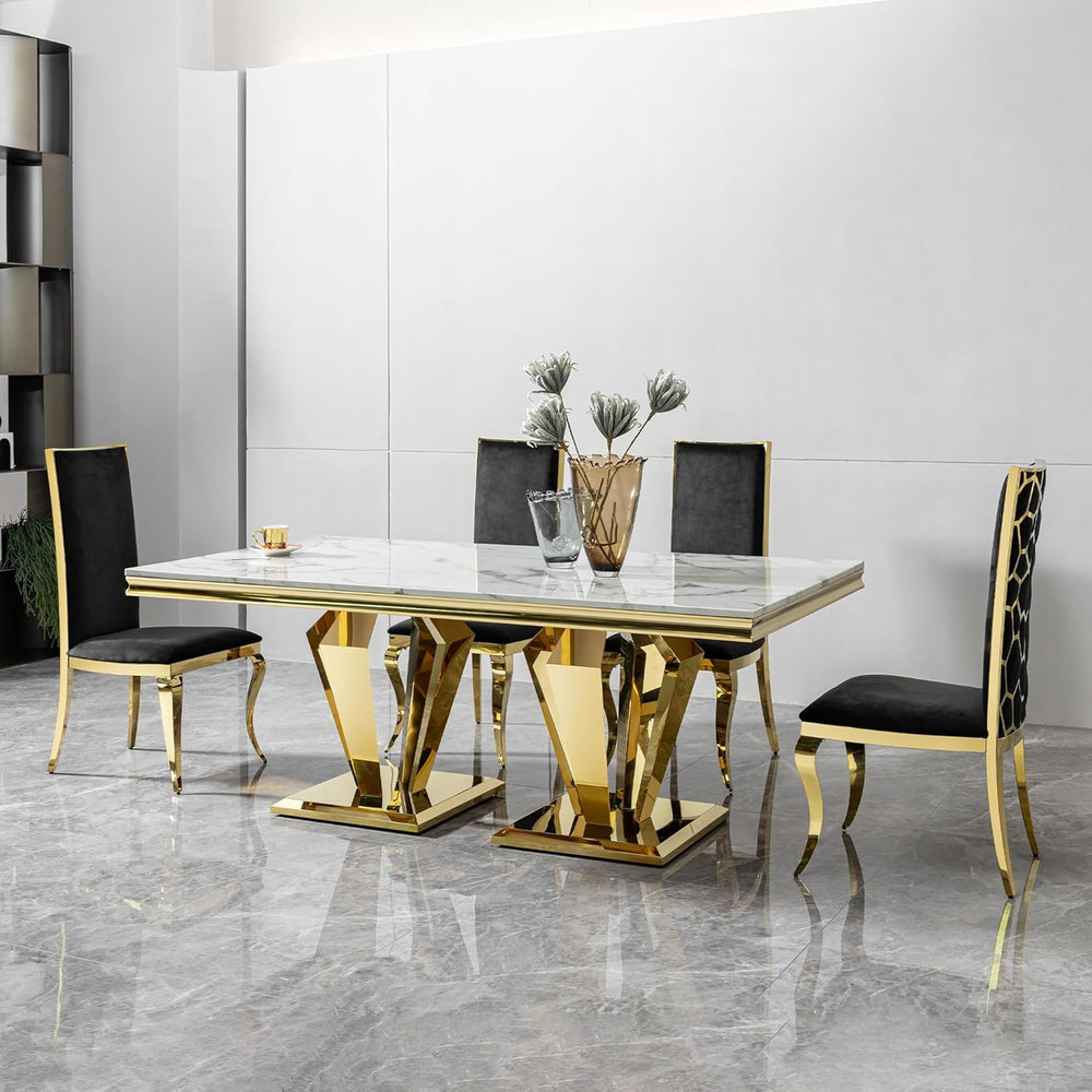Modern Dining Table 66.9" Dining Room Table with Shiny Gold Stainless St...