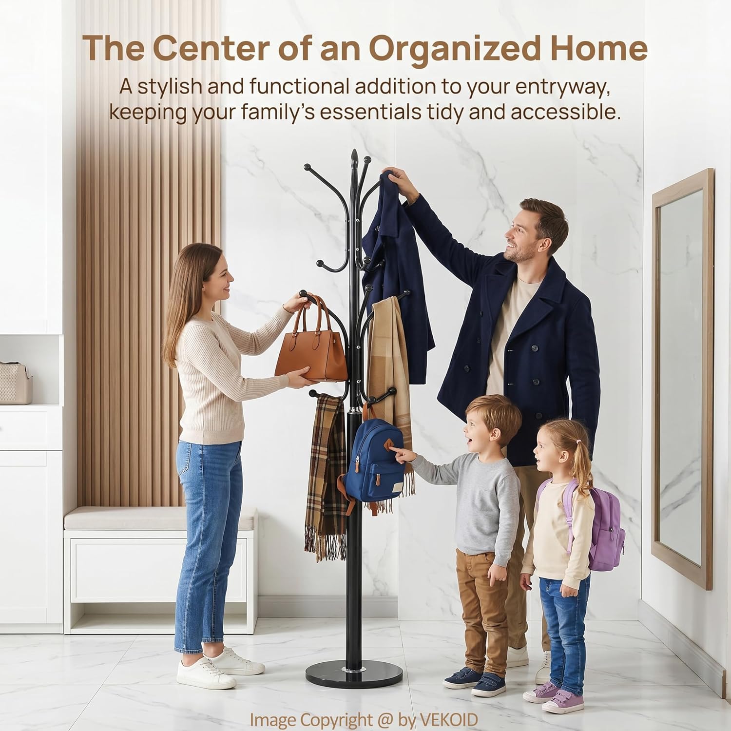 12 Hooks Metal Coat Rack Freestanding Coat Tree with Marble Base, Heavy Duty Coat Rack Stand for Clothes Hats Bags, Coat Hanger Stand for Corner Entryway Bedroom Office (Black)