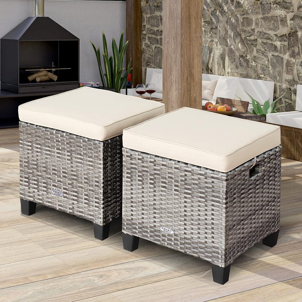 LDAILY Moccha 2 Pieces Patio Outdoor Ottoman, All Weather Rattan Patio Ottoma...