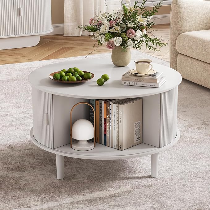 Coffee Table and TV Stand Set of 2, Round Center Table with Storage, Fluted Coffee Table with 360° Sliding Doors, 86.6" Entertainment Center for Bedroom, Living Room, White