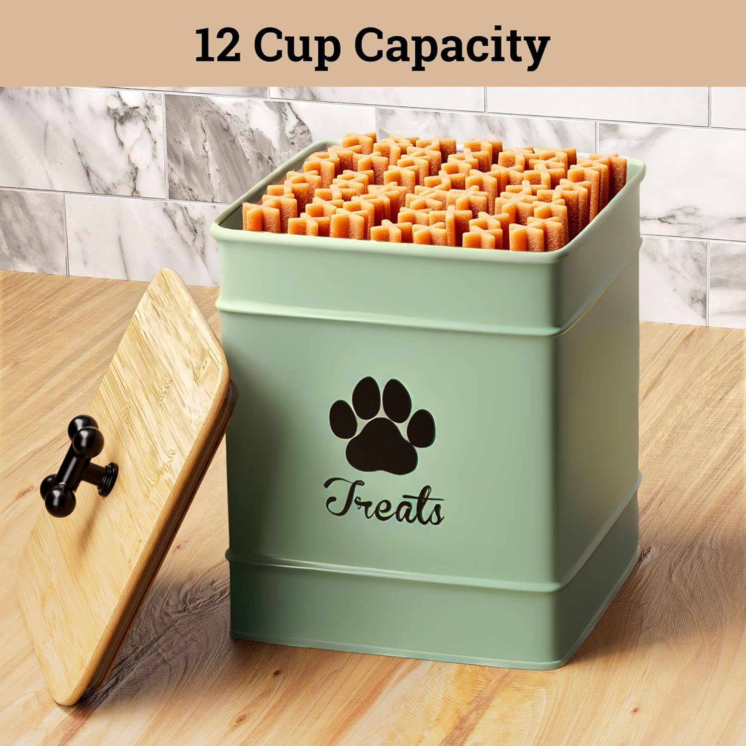 Dog Treat Container Airtight - 6 Inch Wide x 8 Inch Tall Iron Dog Treat Jar for Kitchen Counter with Airtight Bamboo Lid - 12 Cup Capacity Pet Treat Container - Doggie Cookie Jar - Big Treats Canister
