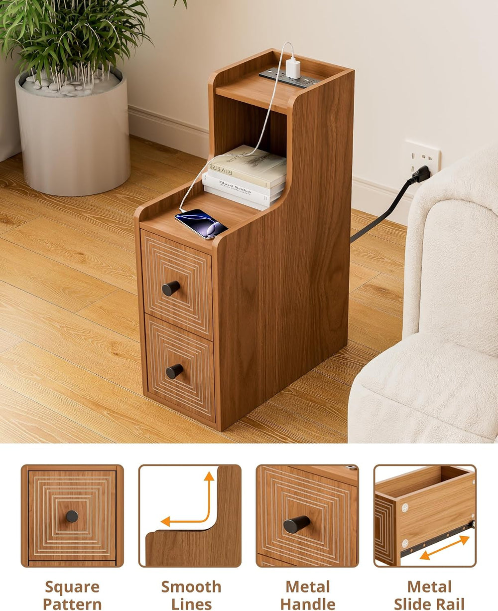 Set of 2 Narrow End Table with Charging Station, Wooden Slim Side Table with ...