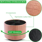 Round Leather Art Supply Organizer,Remote Control Holder,360 Degree Spinning,Multi-Functional Pencil Holder,4 Compartments Desktop Stationary Organizer(1-Thin Wood Ligh Brown)