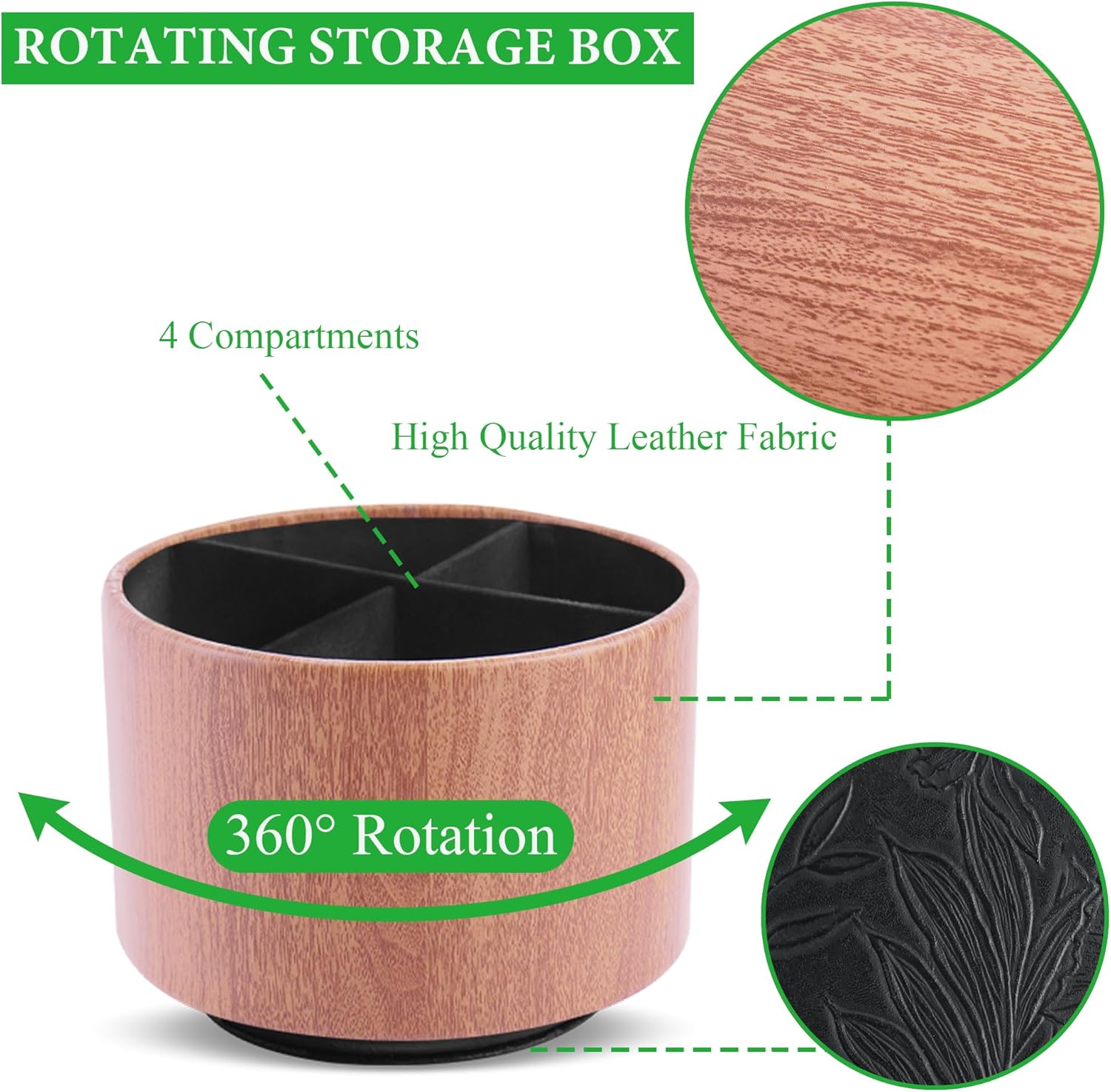 Round Leather Art Supply Organizer,Remote Control Holder,360 Degree Spinning,Multi-Functional Pencil Holder,4 Compartments Desktop Stationary Organizer(1-Thin Wood Ligh Brown)