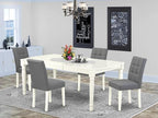 East West Furniture DOAS5-LWH-41 5 Piece Kitchen Table Set Includes A Dinner Table and 4 Platinum Gray Polyester Fabric Person Chairs with Stylish Back- Linen White Finish