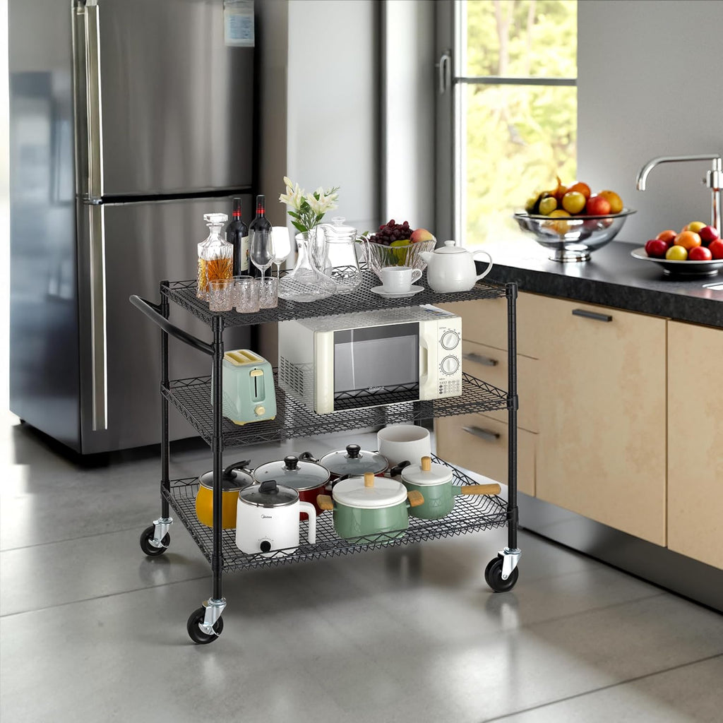 Finnhomy 3 Tier Heavy Duty Commercial Grade Utility Cart, Wire Rolling Cart with Handle Bar, Steel Service Cart with Wheels, Kitchen Carts on Wheels, Metal Cart Shelf Size 24" D x 36" W, NSF, Black