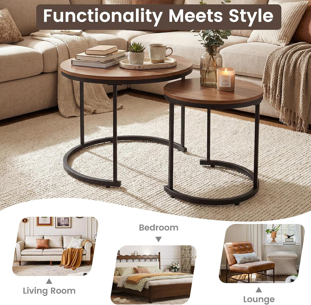 GOFLAME Nesting Coffee Tables Set of 2, Stacking Round Center Table with Wood...