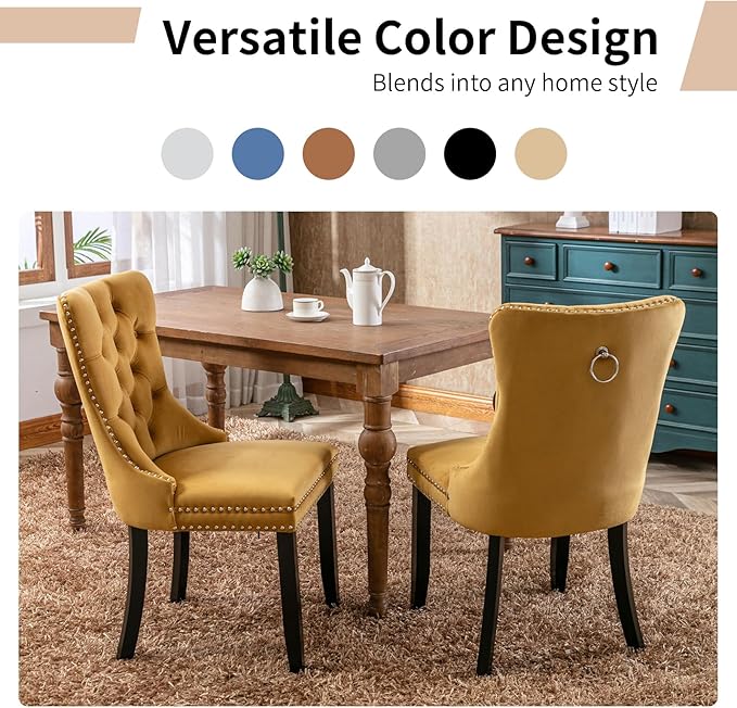Modern Dining Chairs Set of 2, Tufted Upholstered Dining Chair with Solid Woo...