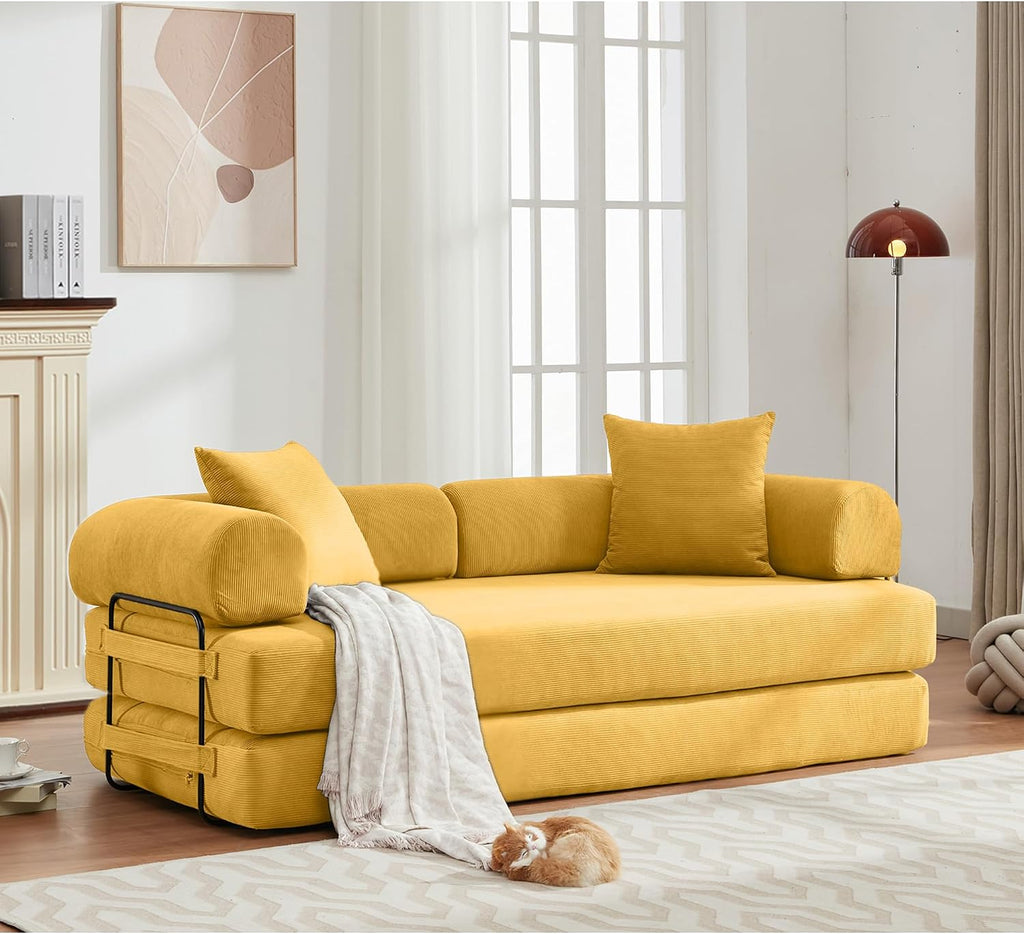 ZEIINPA Convertible Floor Sofa Bed with Fixed-Shape Frame, Modular Corduroy Folding Mattress Couch with Armrest, Floor Sofa Lounge Couch for Living Room Bedroom Lounge Studio -Yellow