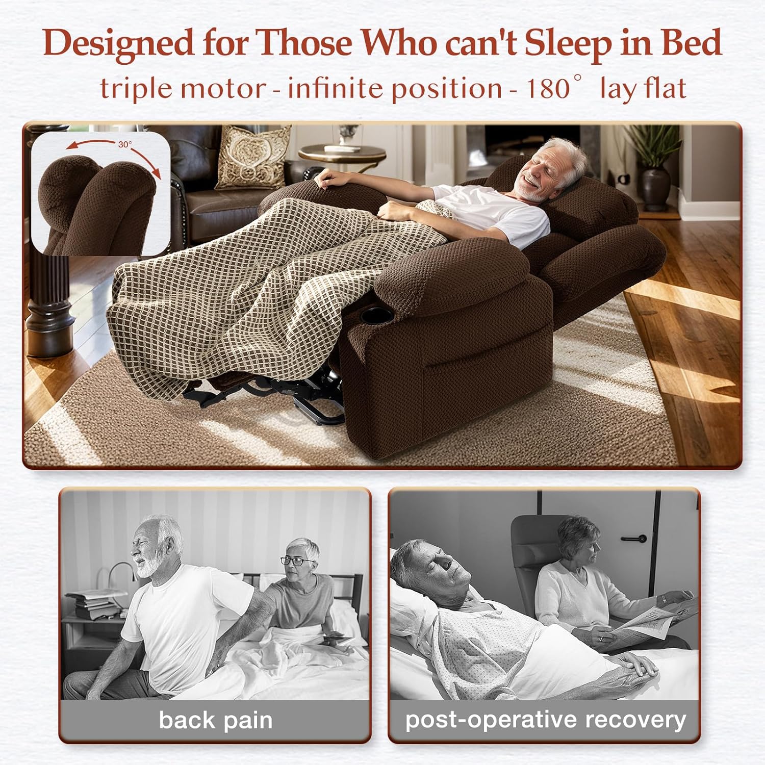 3 Motor Large-Wide Lift Chair, Infinite Position, 180° Lay Flat, Power Lift Chairs Recliners for Elderly Big and Tall, Massage & Heat, Extended Footrest (Dark Brown, Large Wide)
