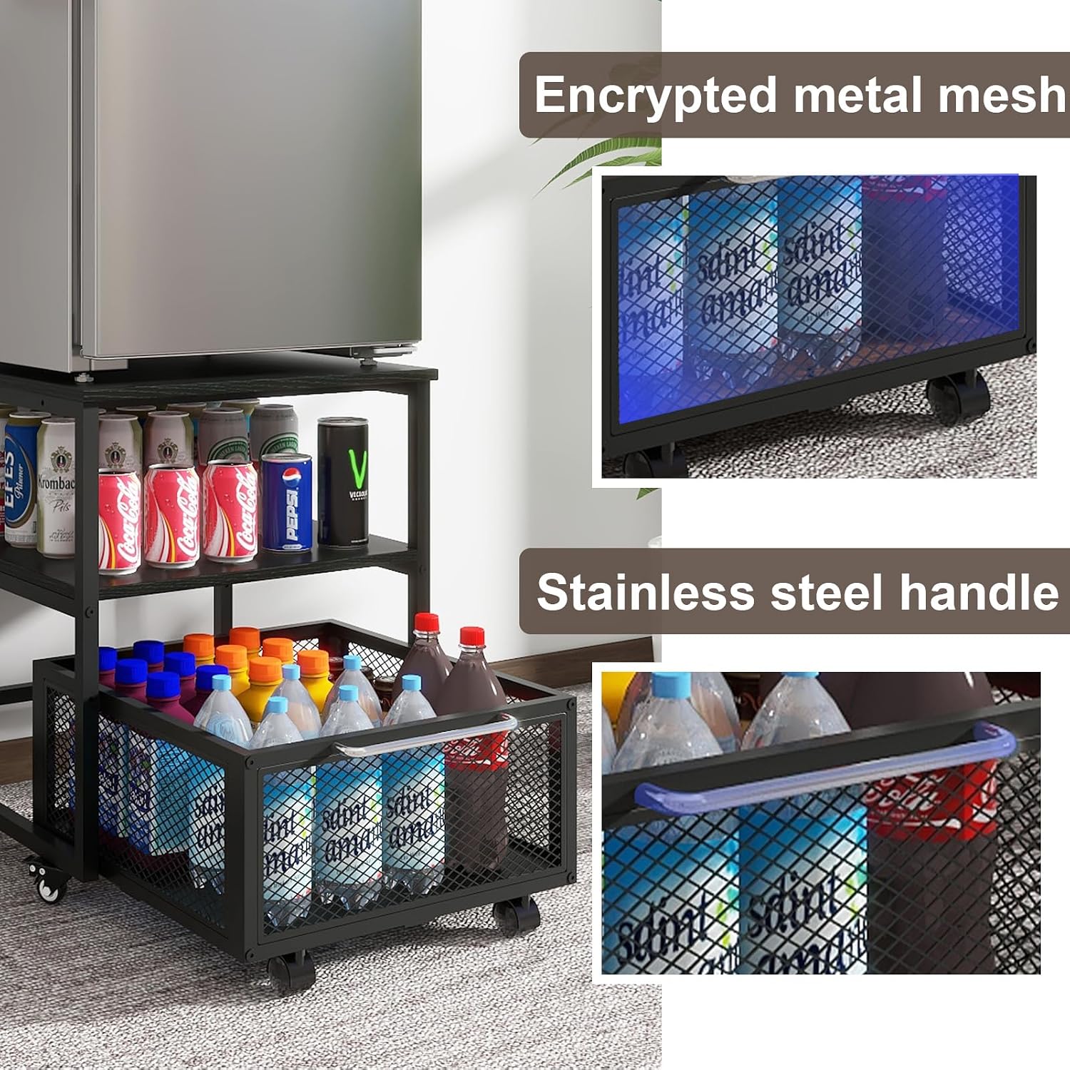 PUNCIA 19.7"x19.7" Mini Fridge Stand 3-Tier Beverage Fridge Table, Black | 220-LB Capacity Beverage Refrigerator Table, Heavy Duty Rolling Organizer with Drawers for Dorm Apartment Office Bedroom