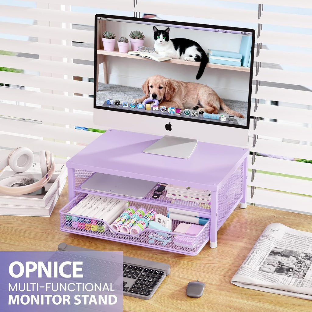 OPNICE Computer Monitor Stand Riser, Desk Organizer with Drawer, Laptop Stand, Office Desk Accessories & Workspace Desktop Organizers Storage for Office Supplies(Purple)