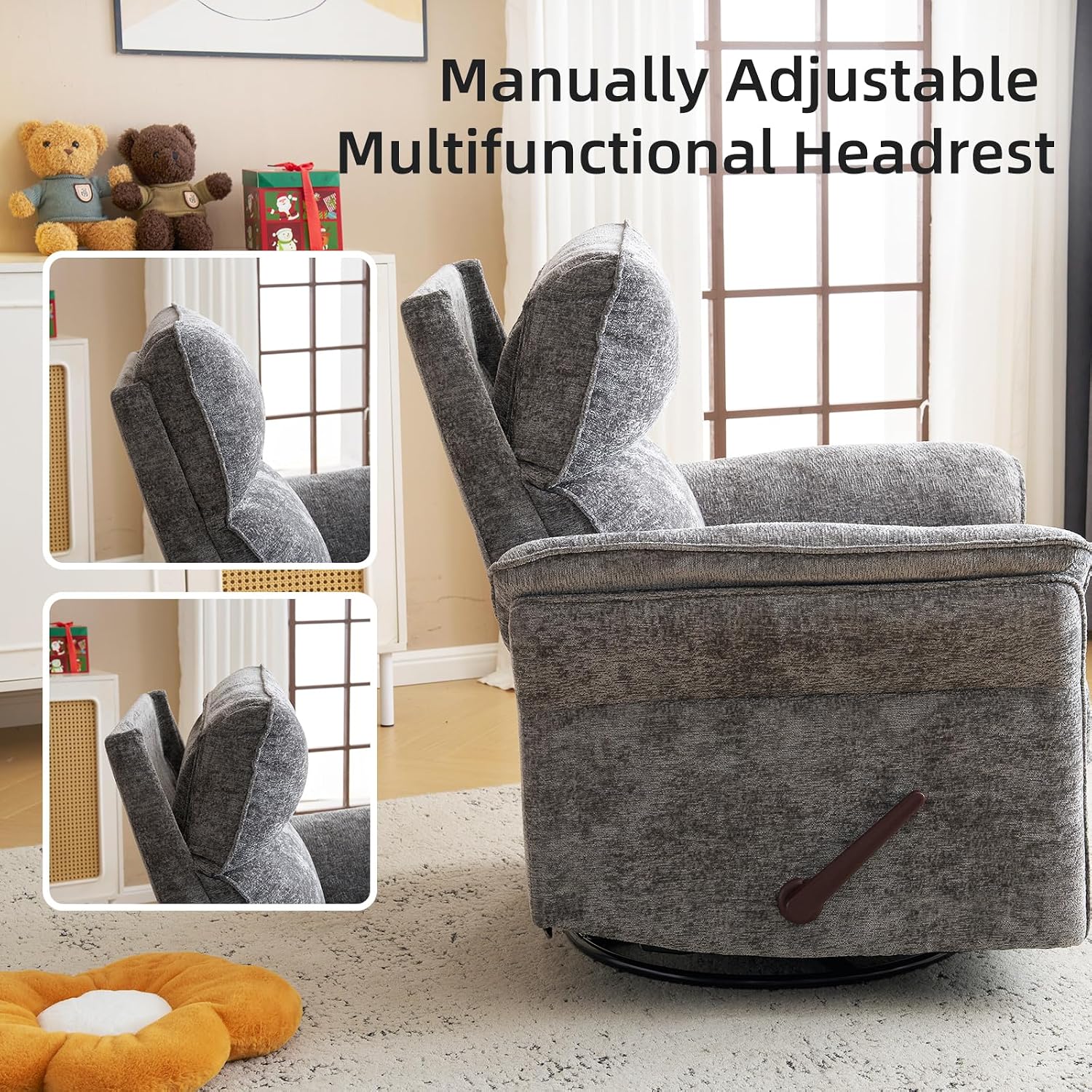 Oversized Glider Rocker Recliner, 24" Extra Wide 360° Swivel Nursery Recliner with Adjustable Headrest, Chenille Rocking Nursery Chair with Overstuffed Armrest, Lumbar Support, Dark Grey