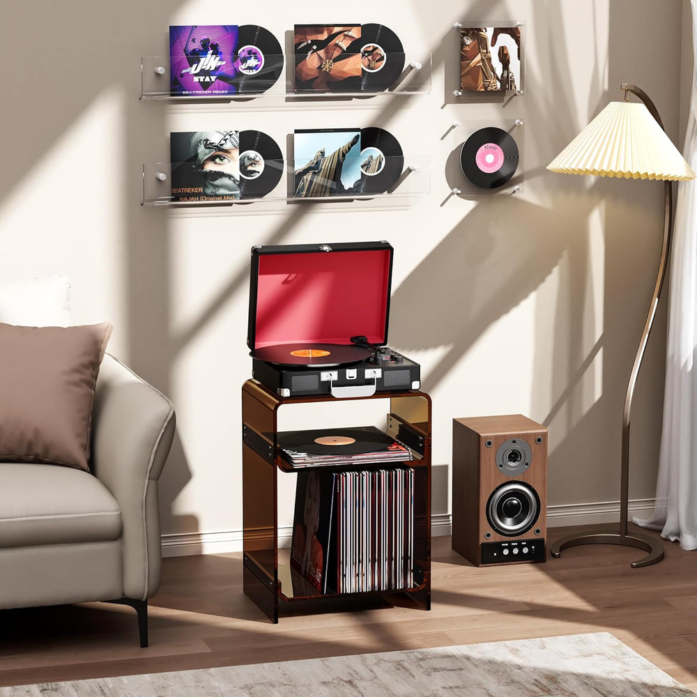 Acrylic Record Player Table with Storage Shelf, Clear Side Table Nightstand (...