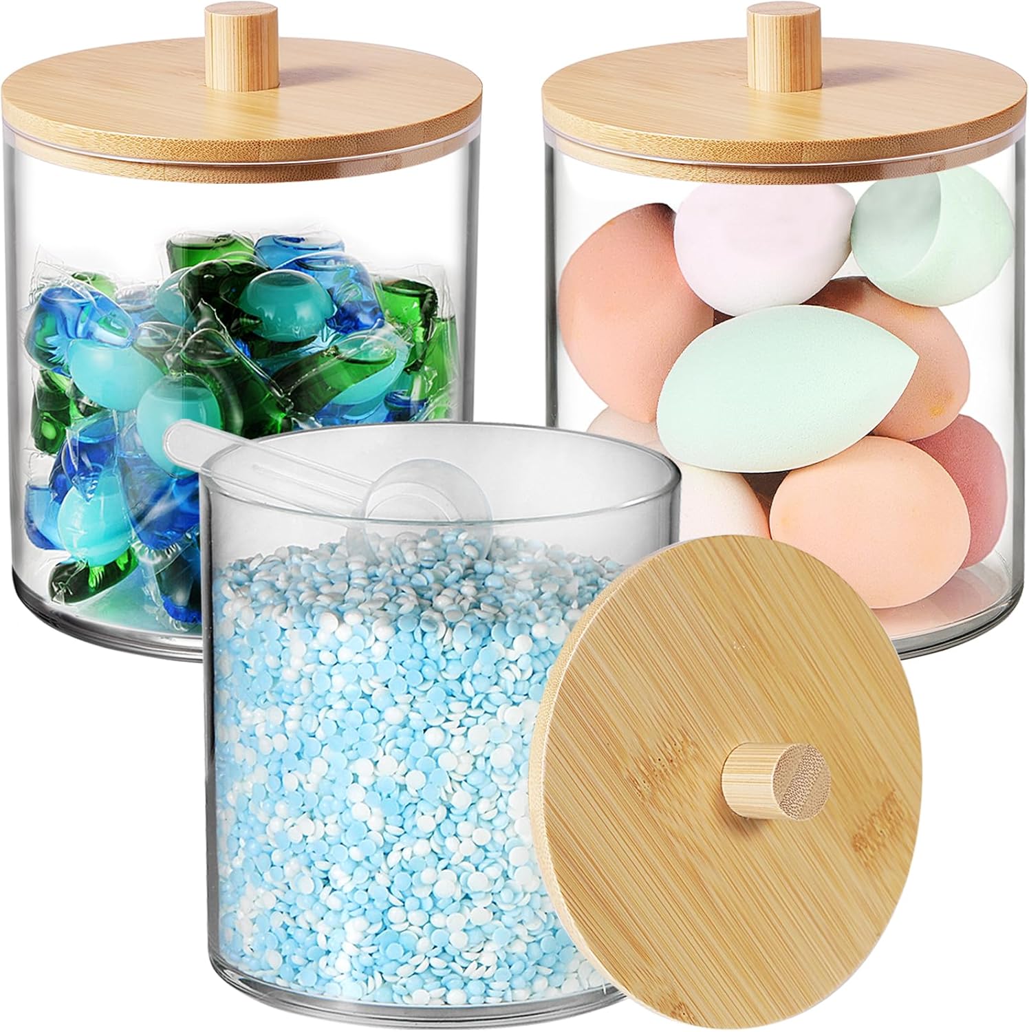 SheeChung 3 Pack 50 Oz Large Apothecary Jar with Bamboo Lid, Laundry Pods Container, Storage Jars for Bathroom Organization, Plastic Canisters with Cute Stickers Spoons(Natural)