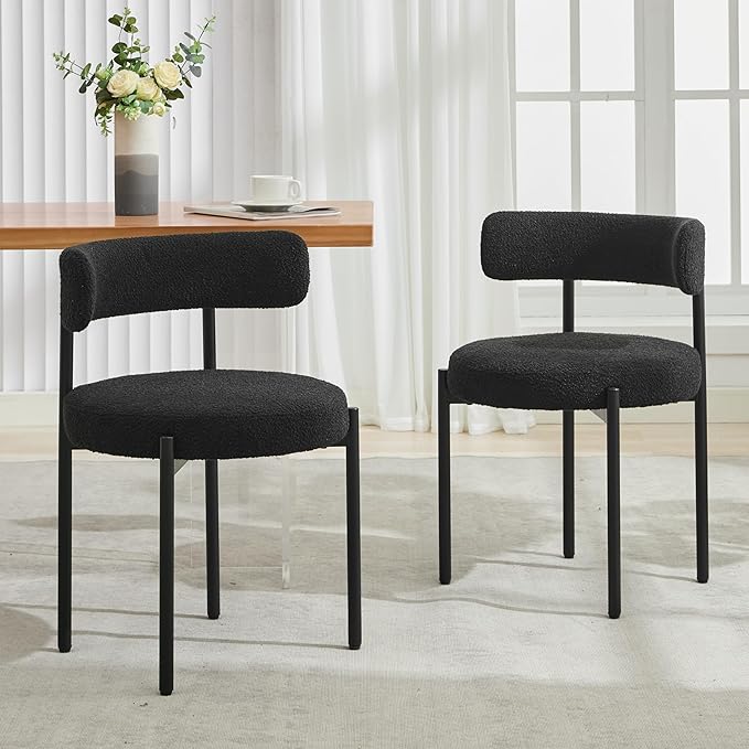 Boucle Dining Chairs Set of 2, Mid Century Modern Dining Room Chairs with Barrel Backrest, Upholstered Black Kitchen Chairs for Dining Room, Restaurant