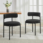 Boucle Dining Chairs Set of 2, Mid Century Modern Dining Room Chairs with Barrel Backrest, Upholstered Black Kitchen Chairs for Dining Room, Restaurant