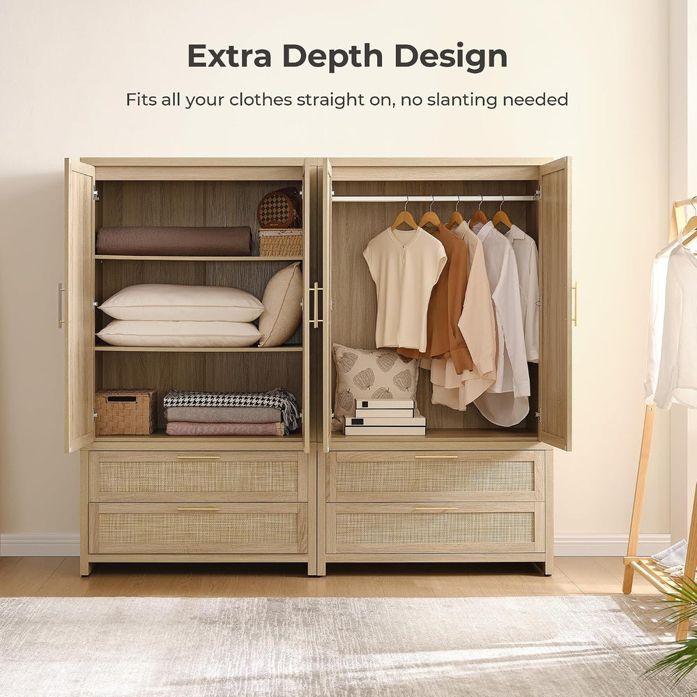 SICOTAS 71 inch Rattan Wardrobe Closet : Armoire Wardrobe with Drawers