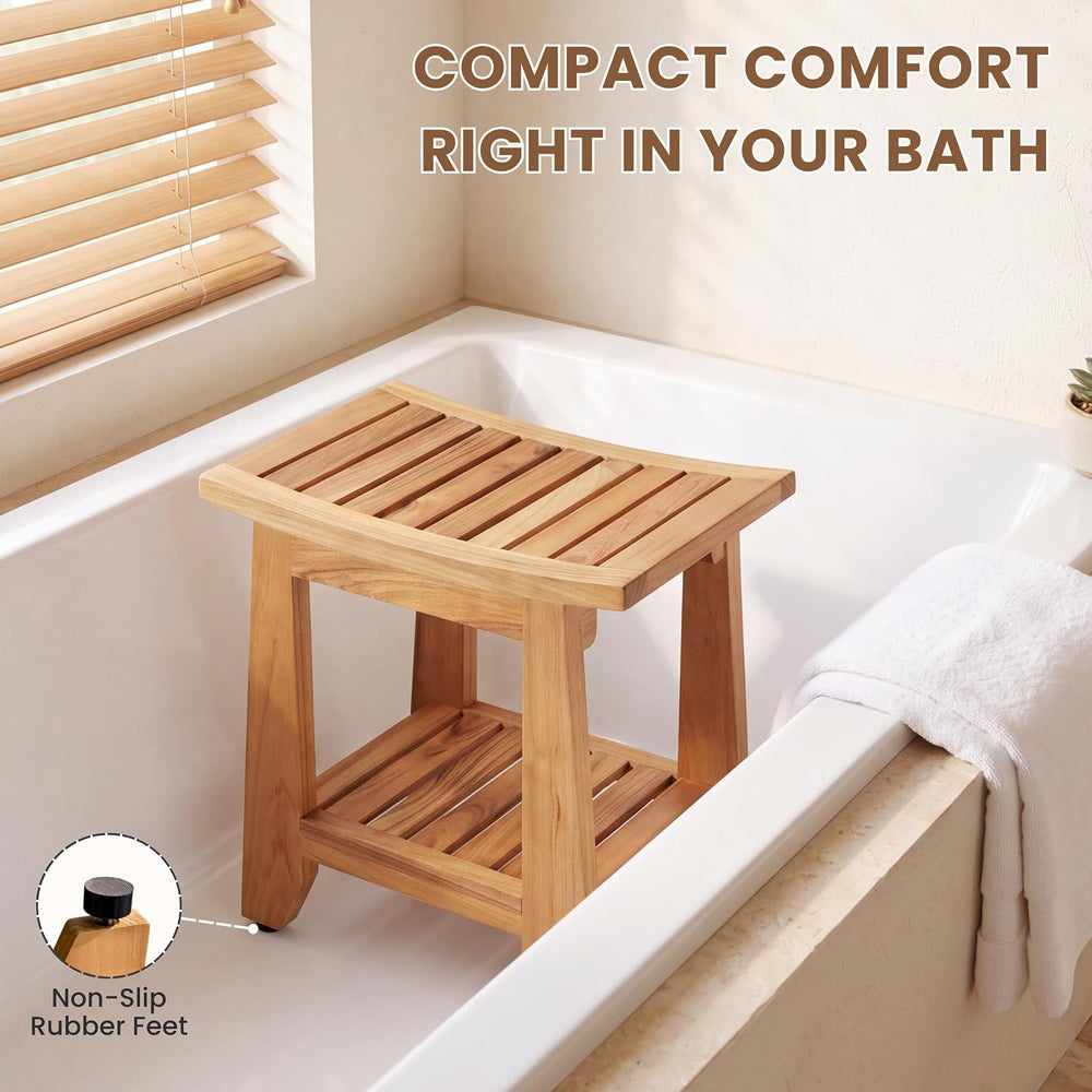 Teak Shower Bench Stool, 14'' Compact Waterproof Wooden Sauna Bath Be...