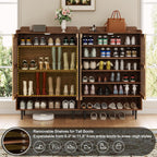 Shoe Cabinet with 2 Doors for Entryway, 21 Pairs Wooden Shoe Storage Cabinet with Adjustable Shelves, Farmhouse Hidden Shoe Organizer for Hallway & Mudroom, Slim Freestanding Shoe Cabinet, Walnut