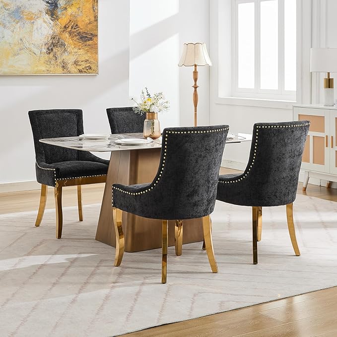 Upholstered Dining Chairs Set of 4, Modern Fabric Side Chairs with Gold Stainless Steel Legs, Accent Kitchen Chairs for Dining Room Table, Black