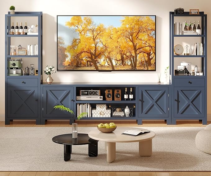 94" W Entertainment Center with Bookshelves & Storage, Large Wall Unit TV Stand for TVs up to 70", Modern White Wood Media Console with Power Hub for Living Room (Blue)