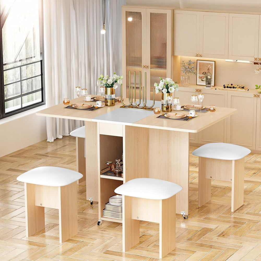 AWQM Folding Dining Table Set, Storage Folding Table & Chair, Beige White...