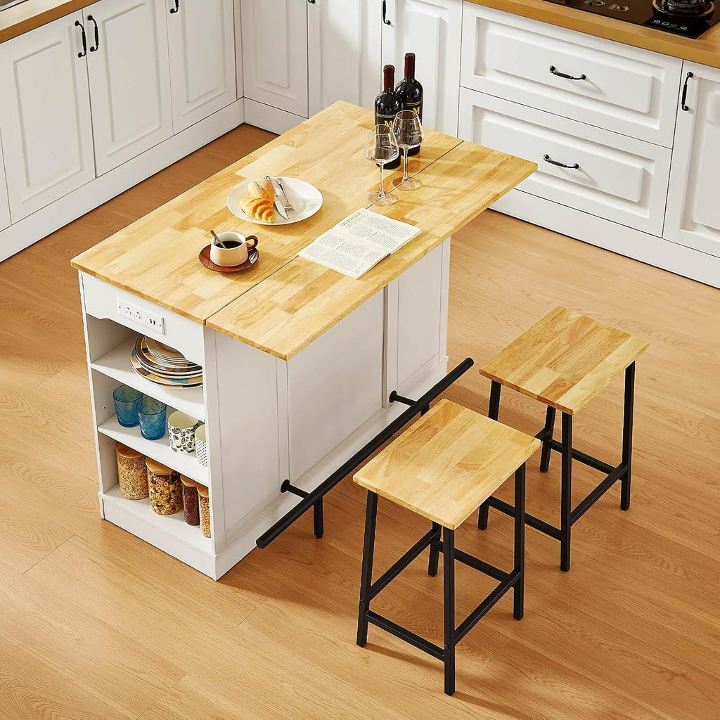 ONBRILL Stationary Kitchen Islands Include 2 Chairs, 47" Kitchen Island with Drop Leaf, Home Bar Table with Spice Rack & with Trash Cabinet, Island Table for Dining Room with Power Outlet, White