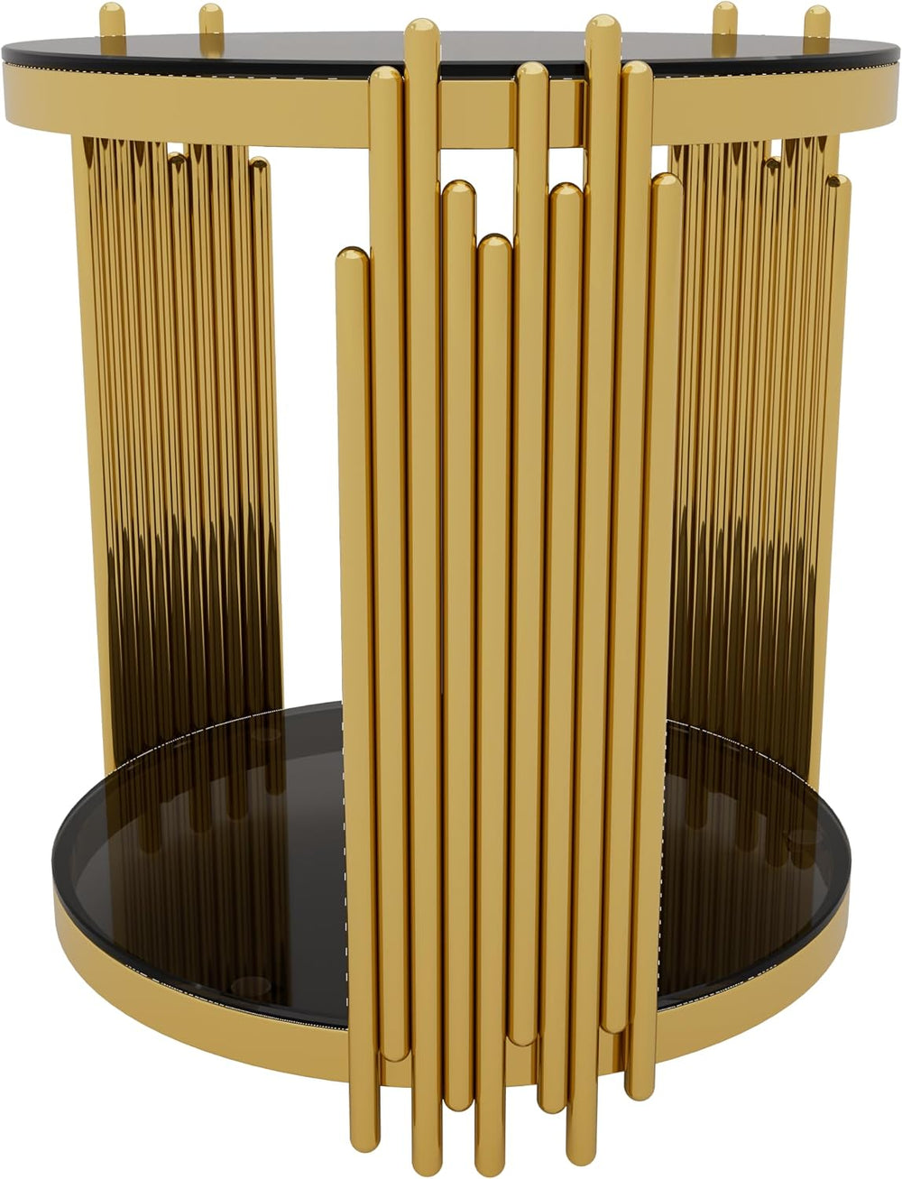 19.8" Round End Table with Gold Finish & Lower Shelf, Modern Black M...