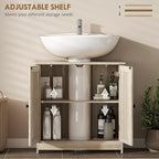 HOMCOM Under Sink Bathroom Cabinet, Pedestal Sink Storage Cabinet with 2 Doors, Shelf and U-Shape, Weathered Gray Oak