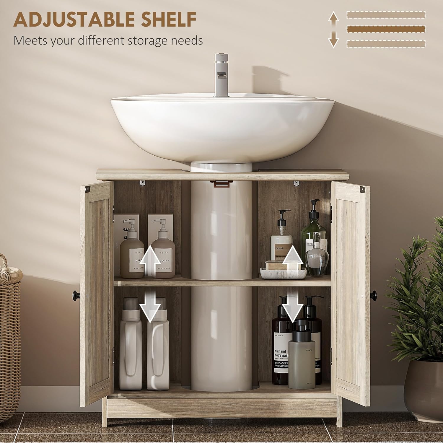 HOMCOM Under Sink Bathroom Cabinet, Pedestal Sink Storage Cabinet with 2 Doors, Shelf and U-Shape, Weathered Gray Oak
