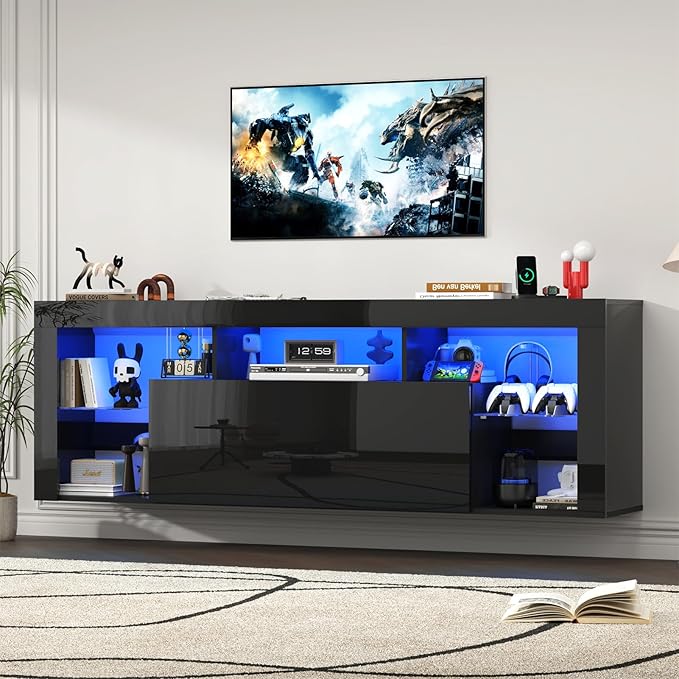 71" Floating High Gloss LED TV Stand for up to 85" TVs, Wall-Mounted Entertainment Center, Modern Media Console w/USB Outlets, Open Adjustable Glass Shelf&Hidden Storage Cabinet, Black