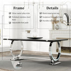 Asday 77" Modern Dining Table for 6-8, Black Wooden Dining Table with Silver Polished Stainless Steel U-Shaped Base, Rectangular Kitchen Table for Dining Room, Kitchen & Living Room