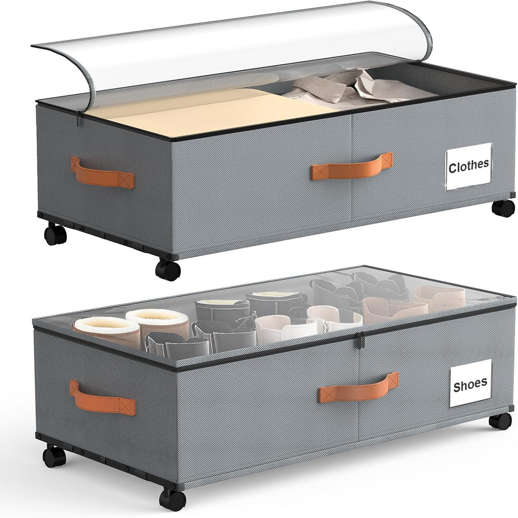 Eastherry Under Bed Storage Containers with Wheels, 9.5 inches Higher Underbed Shoes Blankets Clothes Toy Storage Drawers for College Dorms Bedrooms Nursery Rooms Organization, 2 Pack to be Assembled