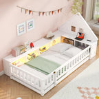Twin Size Floor Bed with House-Shaped Headboard, Guardrail and Cabinet (White)