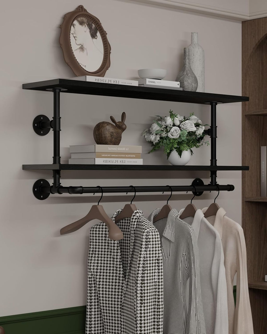 Black Clothes Rack 42in, 2-Tier Wall Mounted Garment Rack with Real Wood Shelf, Heavy Duty Hanging Clothes Rack, Multi-Purpose Hanging Rod, Space-Saving Closet Storage