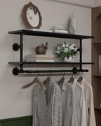 Black Clothes Rack 42in, 2-Tier Wall Mounted Garment Rack with Real Wood Shelf, Heavy Duty Hanging Clothes Rack, Multi-Purpose Hanging Rod, Space-Saving Closet Storage
