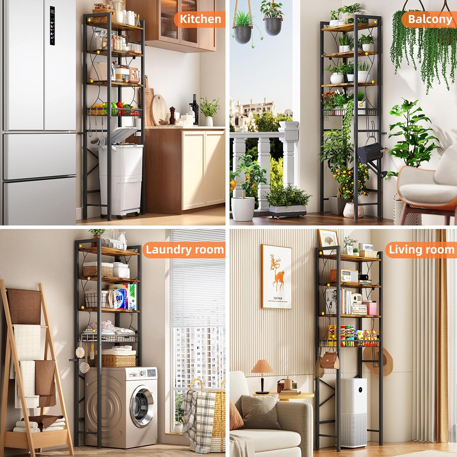 Over-The-Toilet Storage Rack, 4-Tier Bathroom Organizer Shelf Over Toilet with Adjustable Shelf and Basket, Freestanding Space Saver Bathroom Shelves Above Toilet for Room (Rustic Brown)